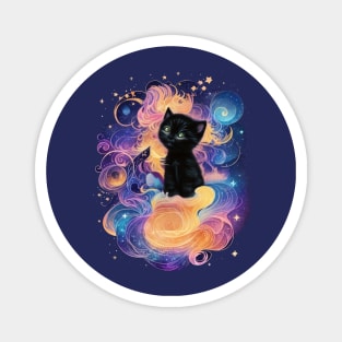 Night Magic: Black Kitten Sitting on Pink Clouds under a Starry Sky Magnet
